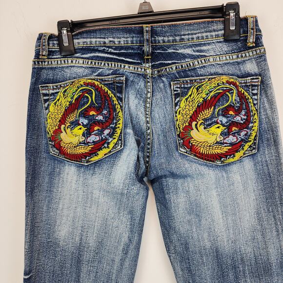 TSTARB Bootcut Jeans Size 28x33 Distressed Yellow Bird Embroidered Back Pockets - Picture 5 of 13